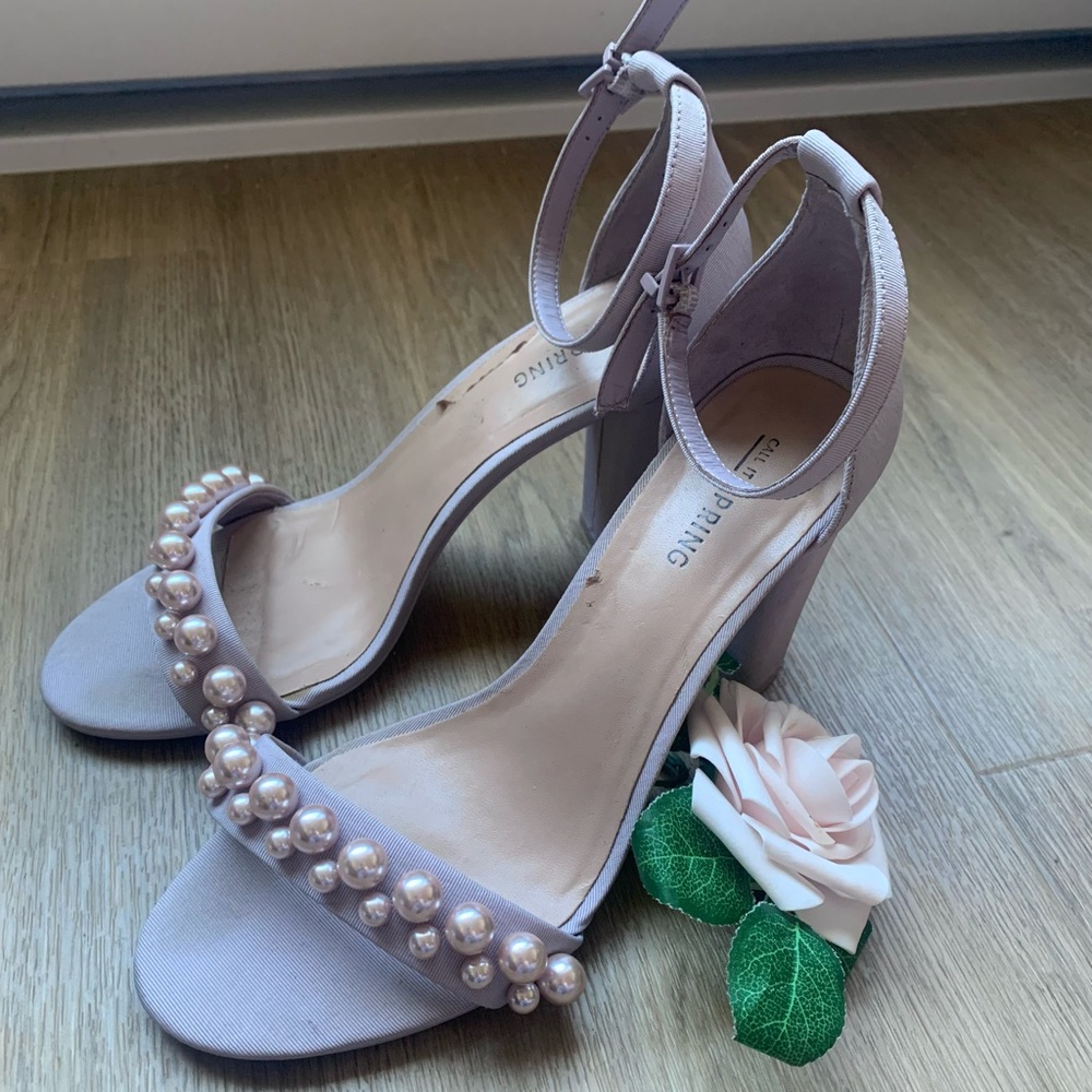 Call It Spring Loreg Lilac Pearled Strappy Block Sandals